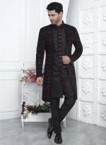 Art Silk Black Wedding Wear Pattern Pc Readymade Sherwani